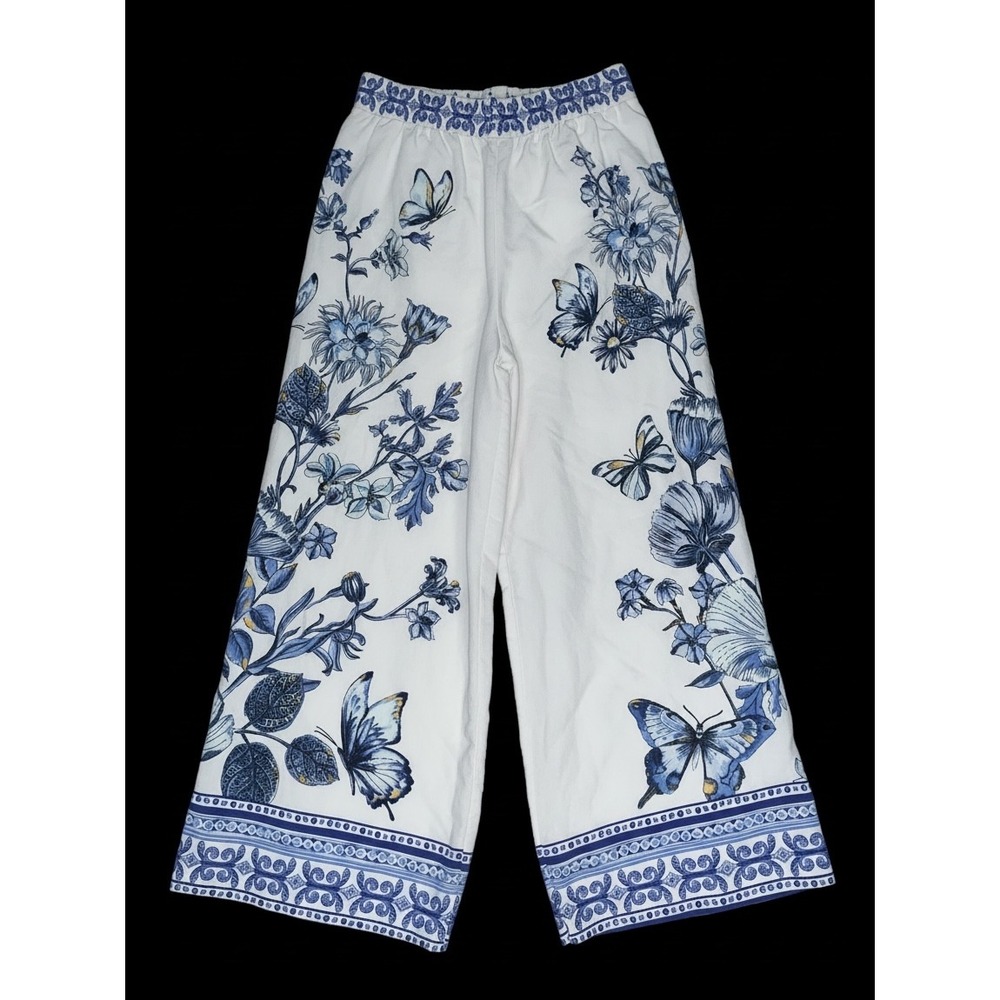 Chicos White Blue Butterfly Floral Wide Leg Pull On Pants Size 0 S Boho Resort